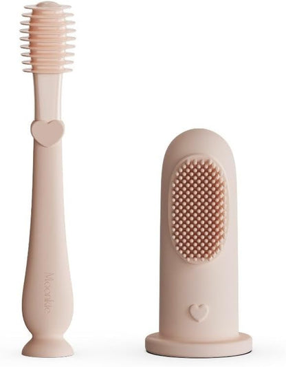 Moonkie Baby Toothbrush Finger Toothbrush Oral Cleaner Kit for 3 Months +, 2 Pcs (Warm Taupe/Ivory)