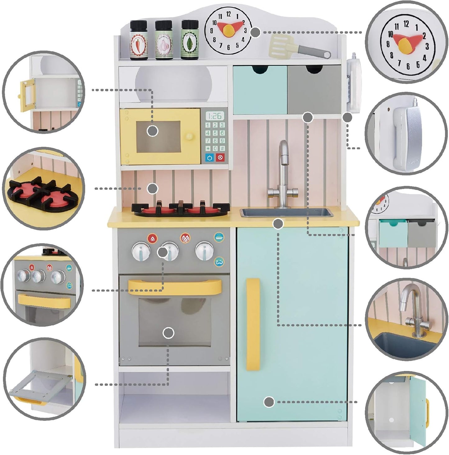 Teamson Kids Little Chef Florence Classic Interactive Wooden Play Kitchen with Accessories and Storage Space for Easy Clean Up, Wood Grain with Red and Yellow Accents