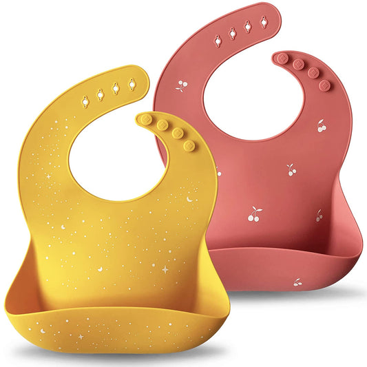 Moonkie Silicone Baby Bibs Set of 2 | BPA Free Waterproof | Soft Durable Adjustable Silicone Bibs for Babies & Toddlers(Mustard/Warm Pink)