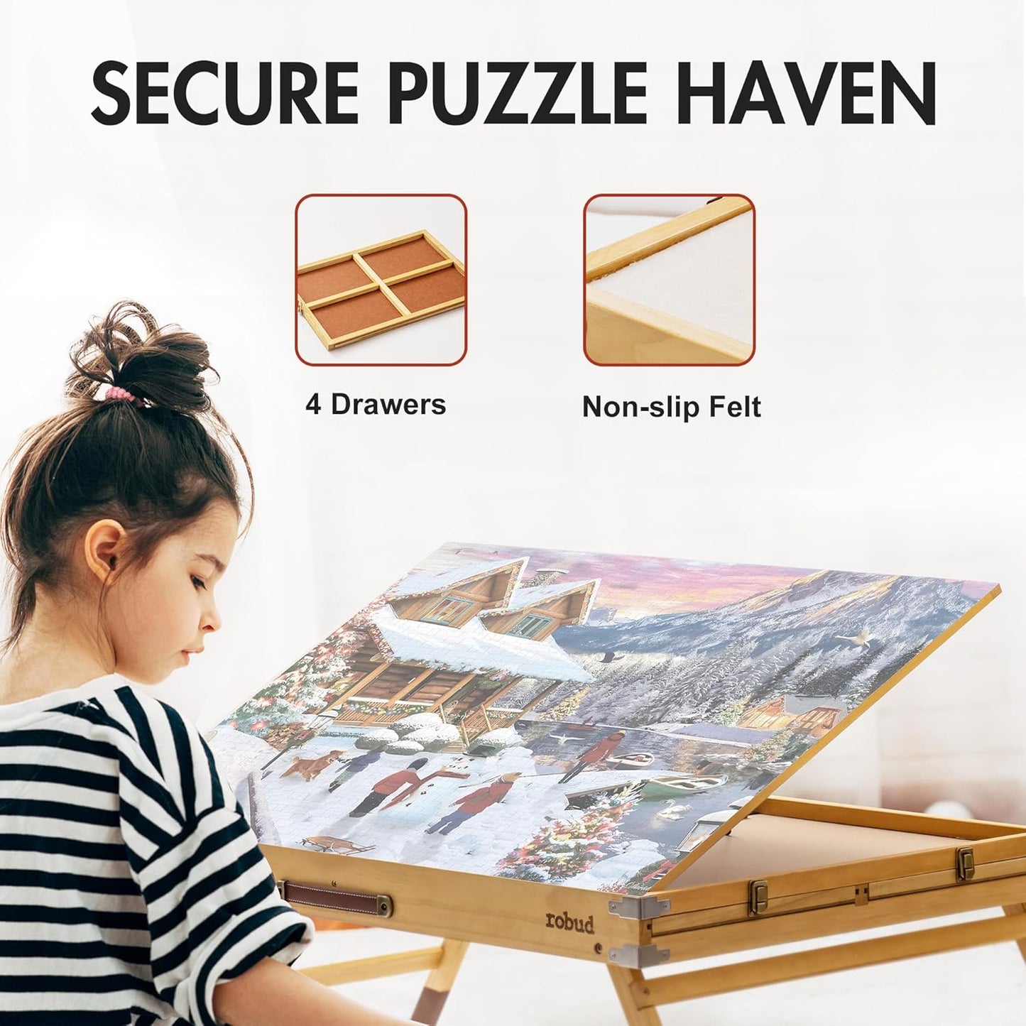 ROBUD 1500-Piece Jigsaw Puzzle Board, Wooden Puzzle Table with Cover, 3-Tilting-Angle Adjustable and 4 Partitioned Drawers, 35.6” X 26.6” Jigsaw Puzzle Board Portable and Felted Anti-Skid Surface