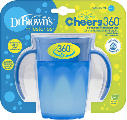 Dr. Brown’S Designed to Nourish Soft-Grip Spoon and Fork Set, Scoop-A-Bowl, Baby and Toddler Food and Cereal Bowls and Milestones™ Cheers360™ Training Sippy Cups with Handles, BPA Free, Blue, 7Oz, 6M+