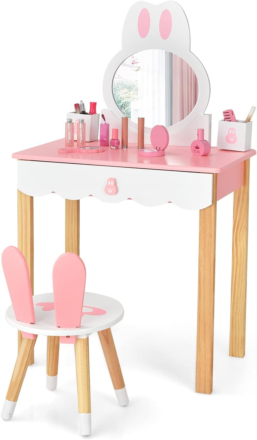 Costzon Kids Vanity Set, Girls Vanity Set with Mirror & Stool, 2 Large Drawers, Storage Shelf, Wooden Princess Makeup Dressing Table, Pretend Play Vanity Table Chair Set for Toddlers (Pink)