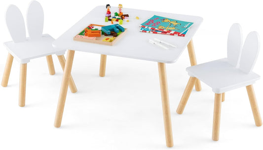 Costzon Kids Table and Chair Set, 3 Pieces Wooden Activity Play Table & 2 Cute Rabbit, Solid Wood Legs, Space-Saving Toddler Furniture for Preschool, Nursery, Children Playroom & Kindergarten (White)