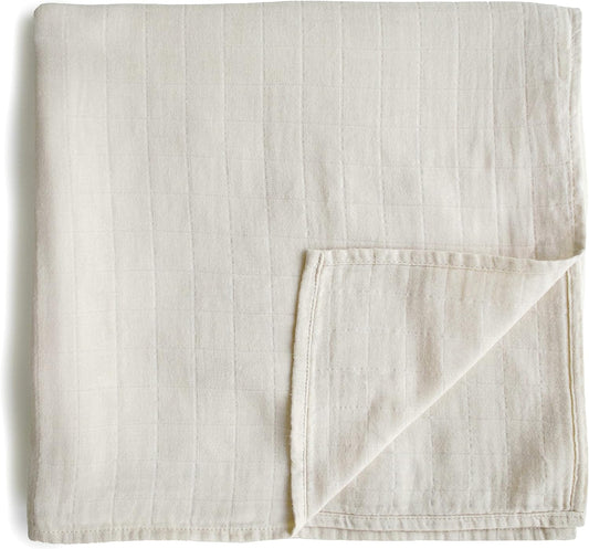 Mushie Muslin Baby Swaddle Blanket | 100% Organic Cotton (Fog)