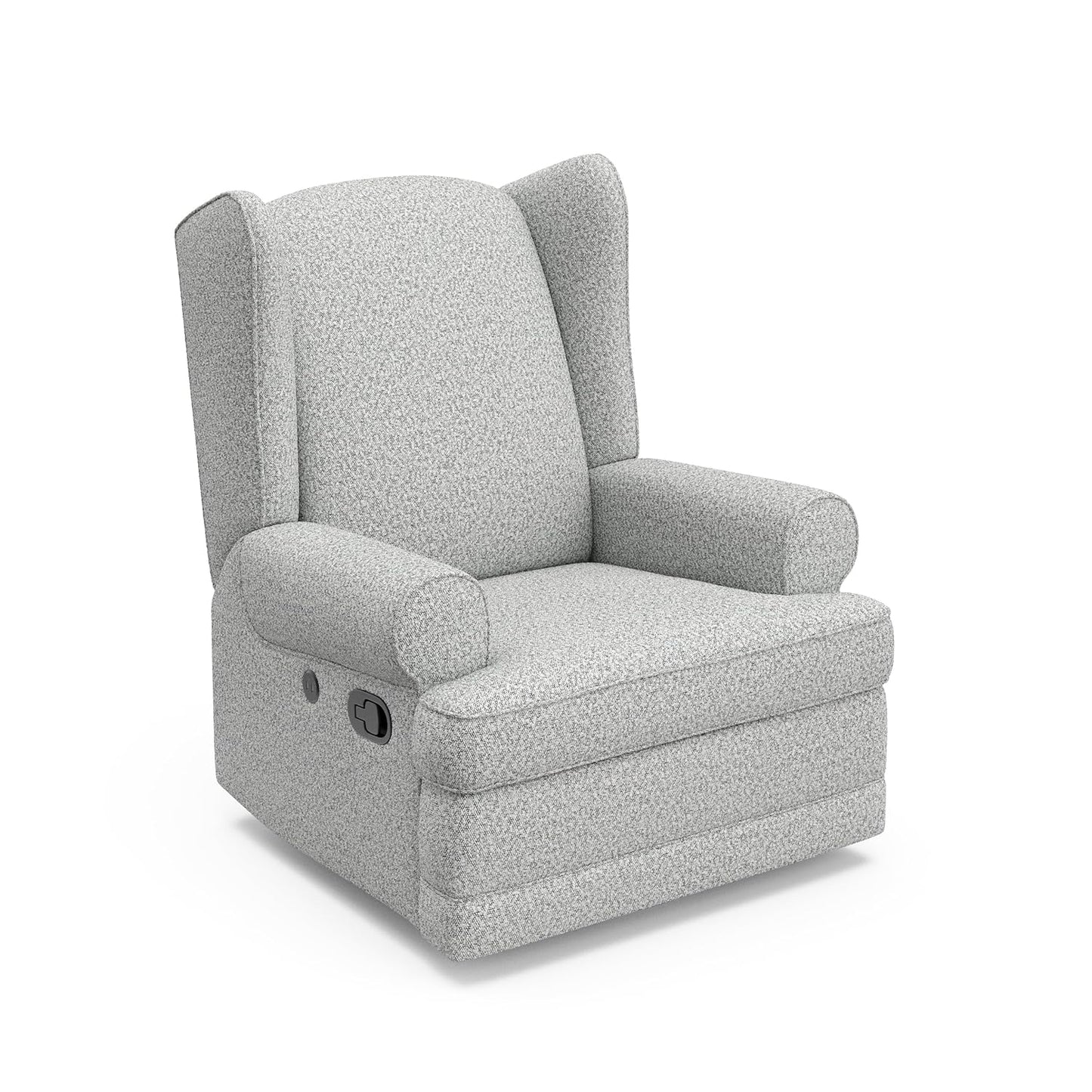 Storkcraft Serenity Upholstered Swivel Glider with USB Charging Port (Steel) – Fully Upholstered Wingback Nursery Glider Recliner with Manual Recline Function, 2 USB Charging Ports, 360 Swivel Base