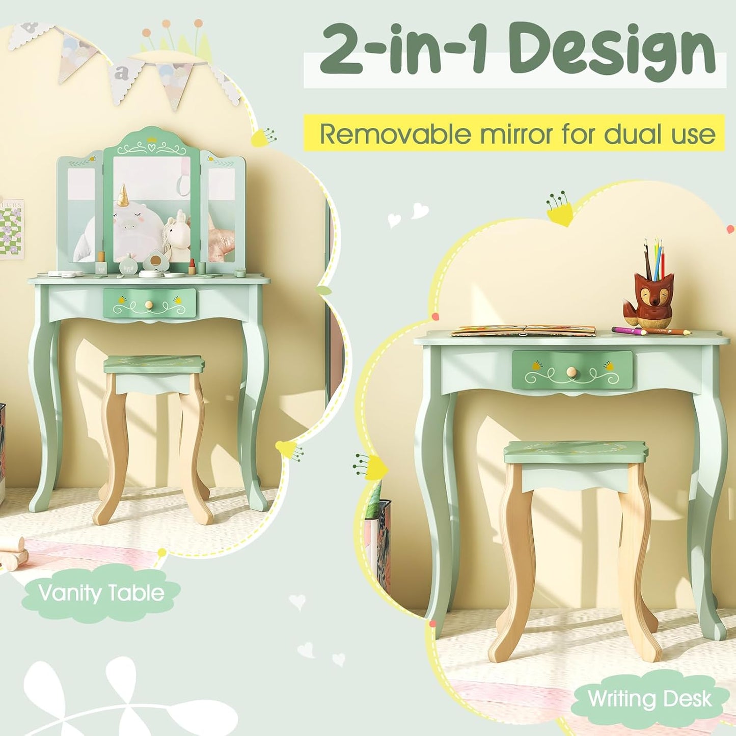 Costzon Kids Vanity Set, 2 in 1 Princess Makeup Dressing Table & Chair Set W/Detachable Tri-Fold Mirror, Toddler Vanity with Drawer & Accessories, Pretend Play Vanity Set for Little Girls (Green)