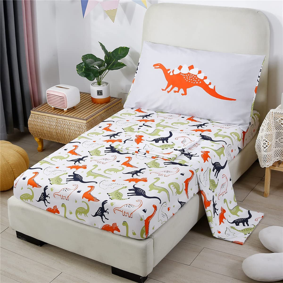 URBONUR 4-Piece Toddler Bedding Set - Ultra Soft Cartoon Jurassic Dinosaur Print Boys Toddler Comforter Set - Include Comforter, Flat Sheet, Fitted Sheet and Reversible Pillowcase, Gray Dinosaur