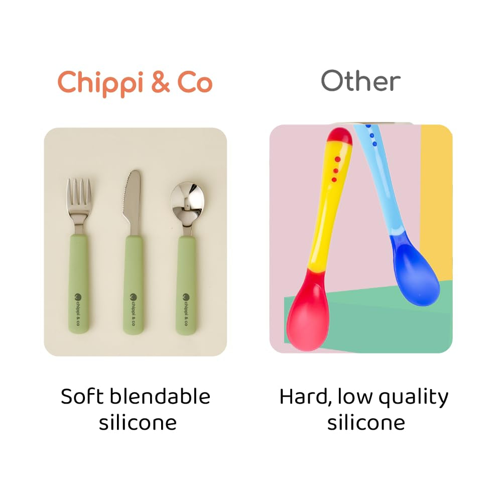 Chippi & Co Self Feeding Toddler Spoons and Forks 18+ Months, Silicone & Stainless Steel Utensils, Metal Baby Cutlery Set, Tenedores Cubiertos Para Niños, Training Spoons for Kids 1 2 Year Old (SET 3)