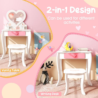 Costzon Kids Vanity Set, Girls Vanity Set with Mirror and Stool, Accessories, Drawer & Storage Shelf, Wooden Princess Makeup Dressing Table, Pretend Play Vanity Table and Chair Set for Toddlers, White