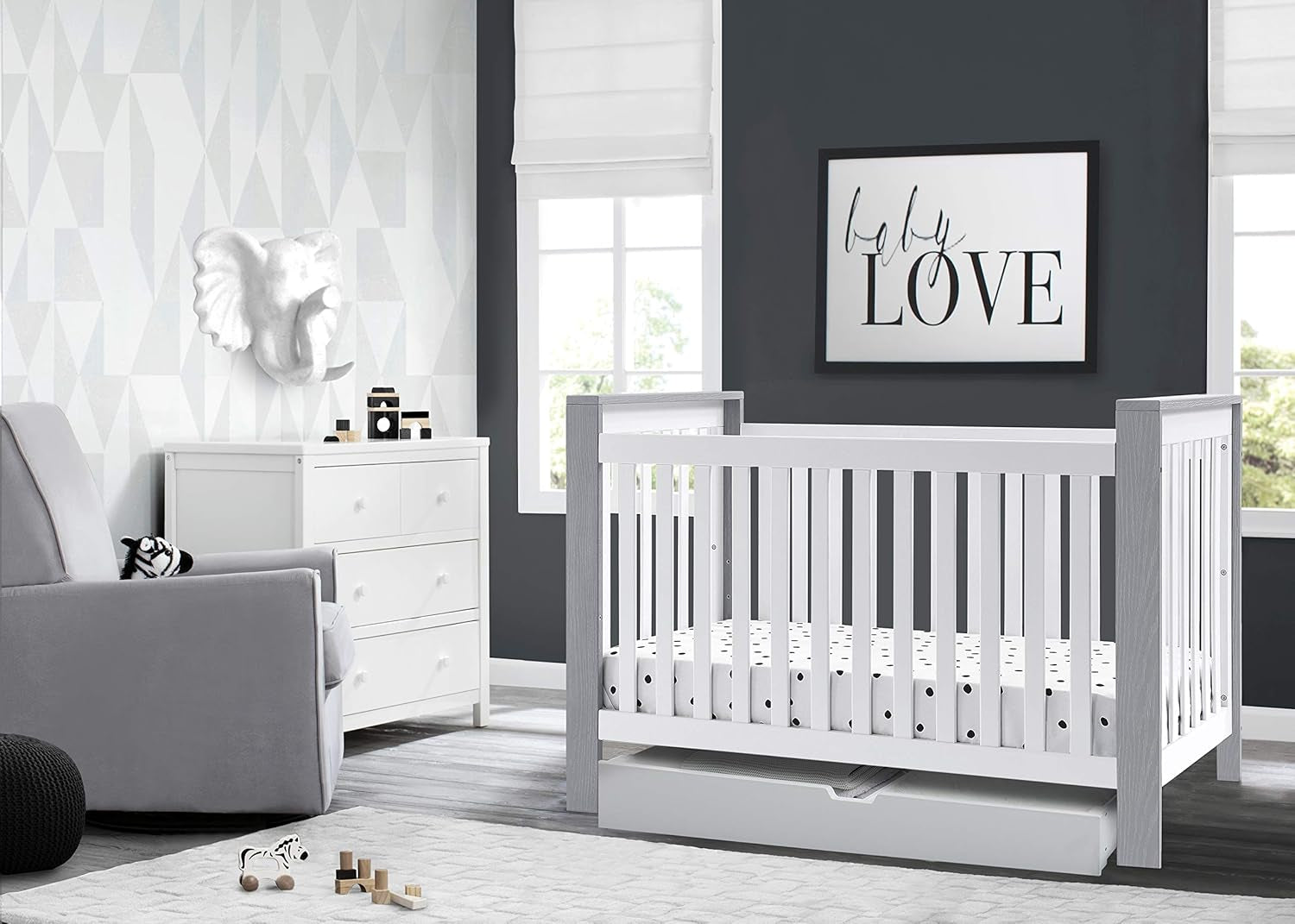 Delta Children Miles 4-In-1 Convertible Crib, Bianca White/Textured Limestone