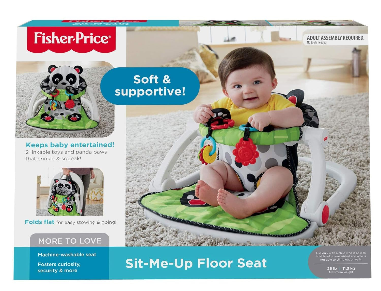 Fisher-Price Portable Baby Chair Sit-Me-Up Floor Seat with Developmental Toys and Crinkle & Squeaker Seat Pad, Panda Paws