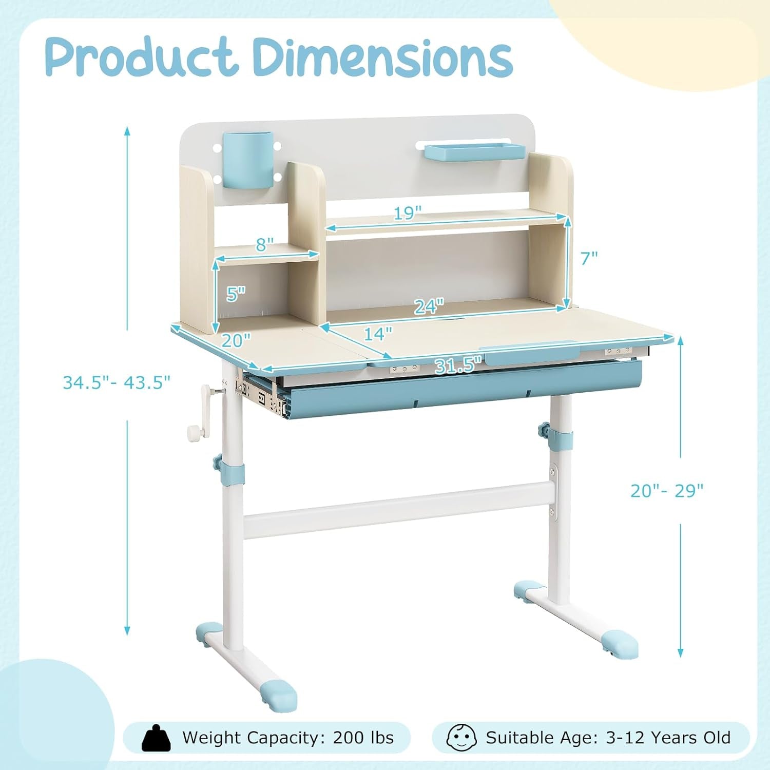 Costzon Kids Study Desk, Height Adjustable Children School Desk with Storage, Tilt Desktop, Pen Holder & Scale Ruler, Student Computer Desk Writing Table for Home School Use, Desk for Kids (Blue)