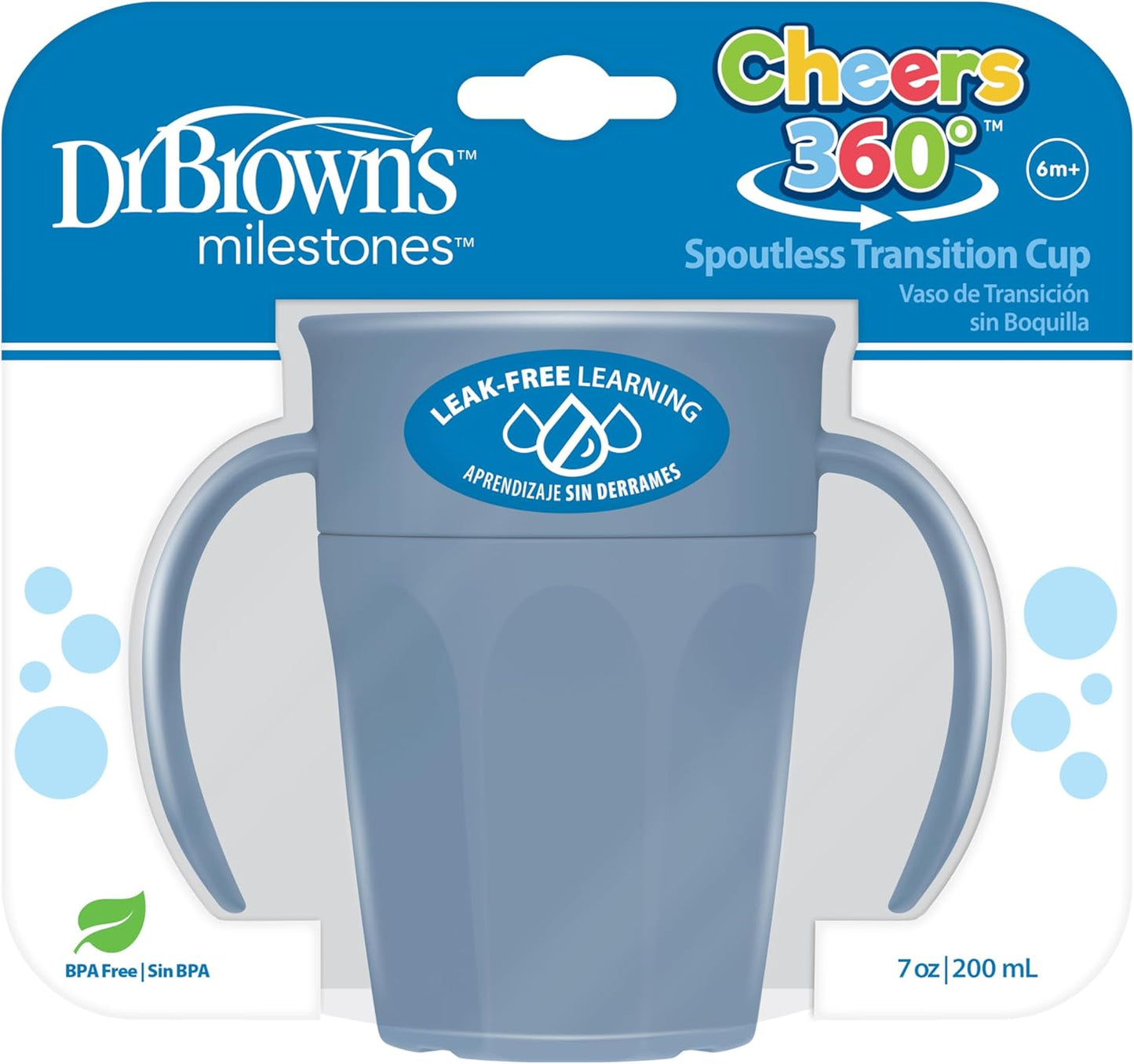 Dr. Brown'S Milestones Cheers 360 Cup Spoutless Transition Cup with Handles for Easy Grip & Leak-Free Learning, Pink, 7Oz/200Ml, 6M+ (Colors May Vary)