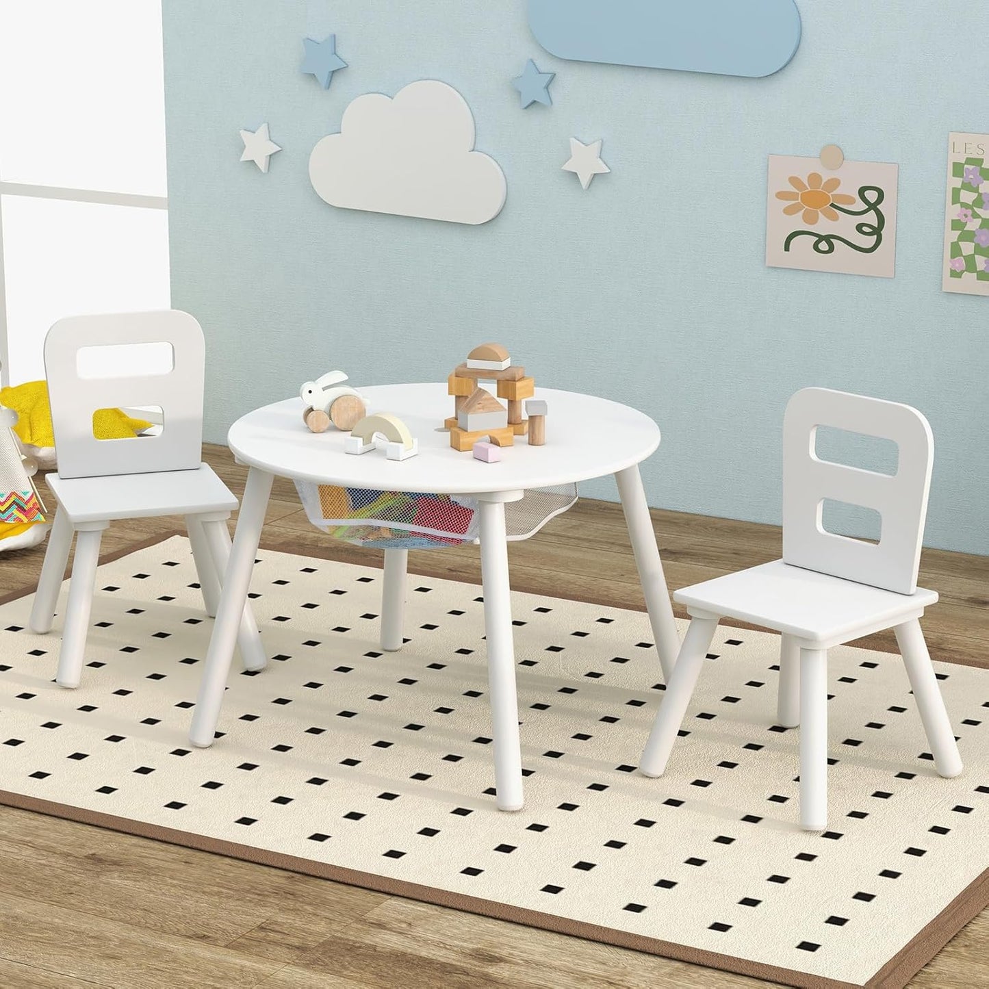 Costzon Kids Table and Chair Set, White Wooden Activity Table with Storage and 2 Chairs for Arts Crafts Snack Time