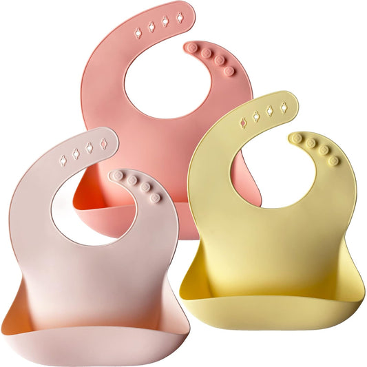 Moonkie Silicone Baby Bibs Set of 3, BPA Free Soft Adjustable Fit Waterproof Feeding Bibs for Babies and Toddlers(Pink/Pastel Yellow/Soft Pink)