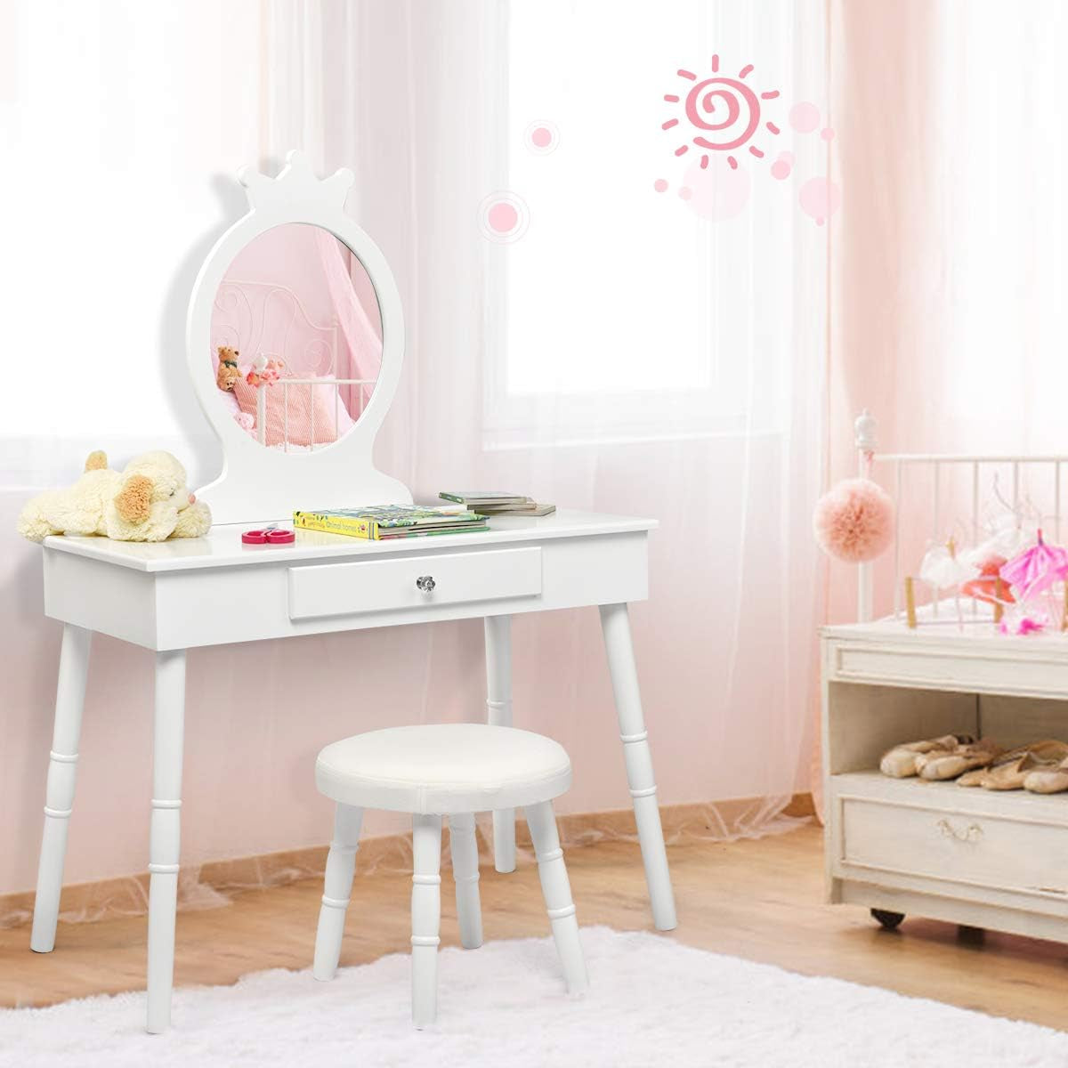 Costzon Kids Vanity Set, Wooden Princess Makeup Table with Cushioned Stool, Large Drawer, Solid Wooden Legs and Crown Mirror, Pretend Beauty Make up Dressing Play Set for Girls Best Gift (White)