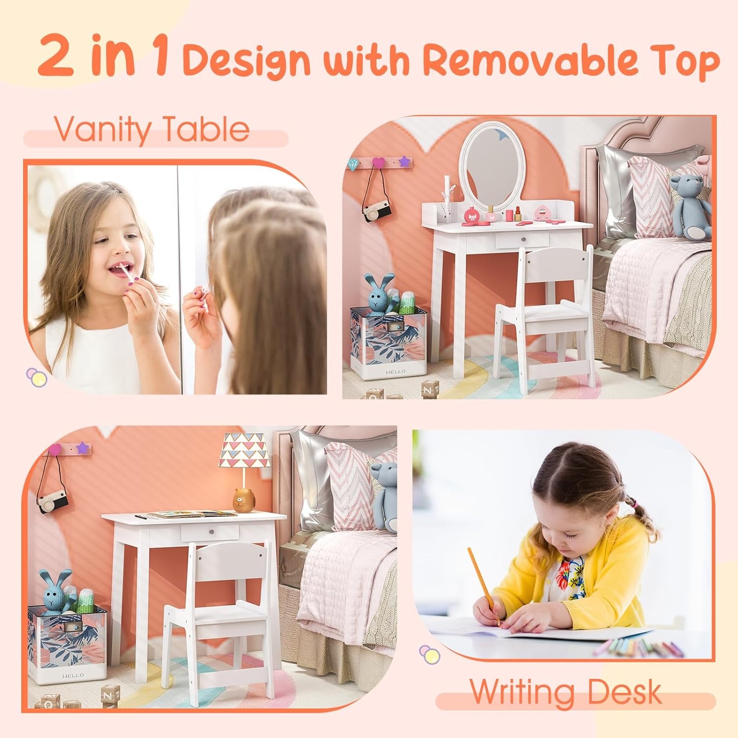 Costzon Kids Vanity, Girls Vanity Set with Mirror and Stool and Lights, Drawer, Jewelry Rack, 2 in 1 Wooden Princess Makeup Desk Dressing Table, Pretend Play Kids Vanity Table and Chair Set (White)