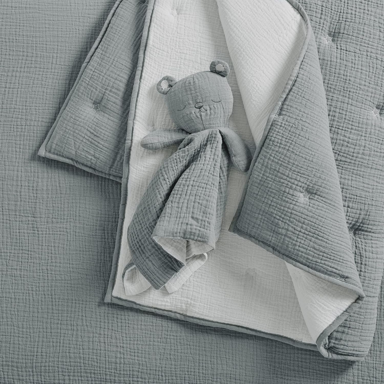 Levtex Baby - Cloud Muslin Crib Bed Set - Baby Nursery Set - Grey and White Stars - Grey Textured Muslin - 5 Piece Set Includes Quilt, Fitted Sheet, Two Swaddles & Bear Lovey