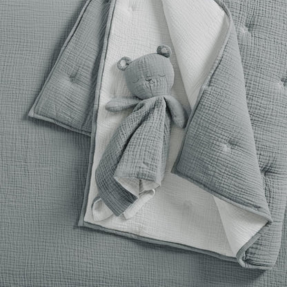 Levtex Baby - Cloud Muslin Crib Bed Set - Baby Nursery Set - Grey and White Stars - Grey Textured Muslin - 5 Piece Set Includes Quilt, Fitted Sheet, Two Swaddles & Bear Lovey