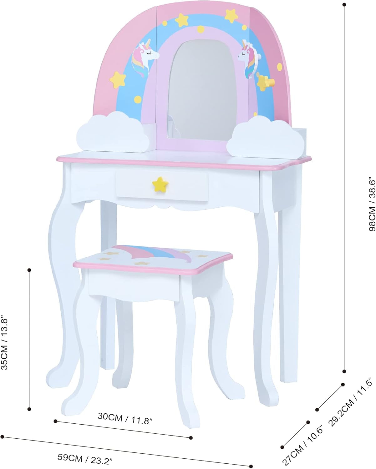 Fantasy Fields Little Dreamer Rainbow Unicorn Play Vanity Set with Rainbow-Shaped Mirror Frame, Cloud-Shaped Storage Drawers, and Stool, White with Pink, Blue and Lilac Rainbow Accents