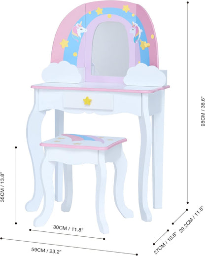 Fantasy Fields Little Dreamer Rainbow Unicorn Play Vanity Set with Rainbow-Shaped Mirror Frame, Cloud-Shaped Storage Drawers, and Stool, White with Pink, Blue and Lilac Rainbow Accents