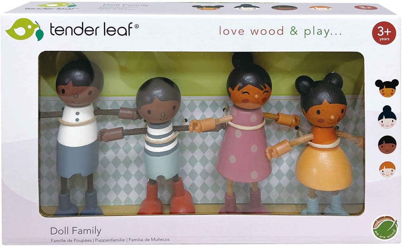 Tender Leaf Toys - Humming Bird Doll Family - Multicultural Wooden Dolls House Family Set with Flexible Arms and Legs - Inspires Endless Imaginative Play - Age 3+