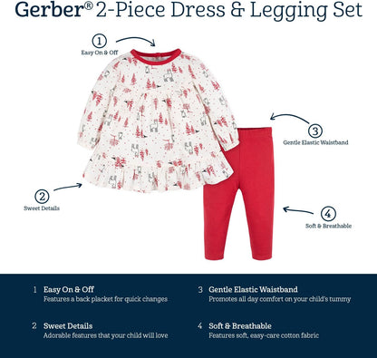 Gerber Baby & Toddler Girls' 2-Piece Long Sleeve Dress and Leggings Set