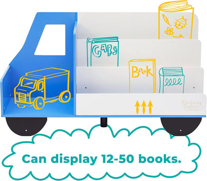 Fantasy Fields Toddler Storage Kids Bookcase 3-Tier Truck Display Bookshelf, Blue and White