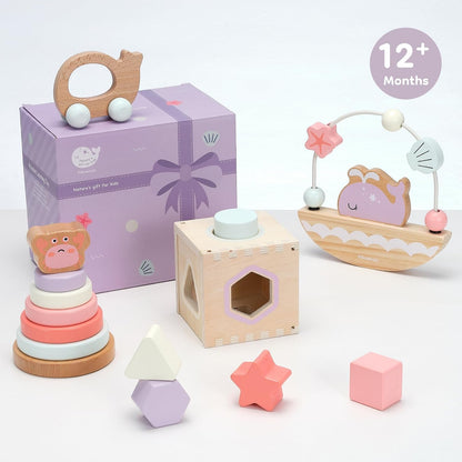 4-In-1 Wooden Toddler Toys for 1 Year Old, Wooden Stacking Rings Tower, Shape Sorter Box, Bead Maze, Wood Baby Push Car, Wooden Stacking Toys for Boys Girls 12M+