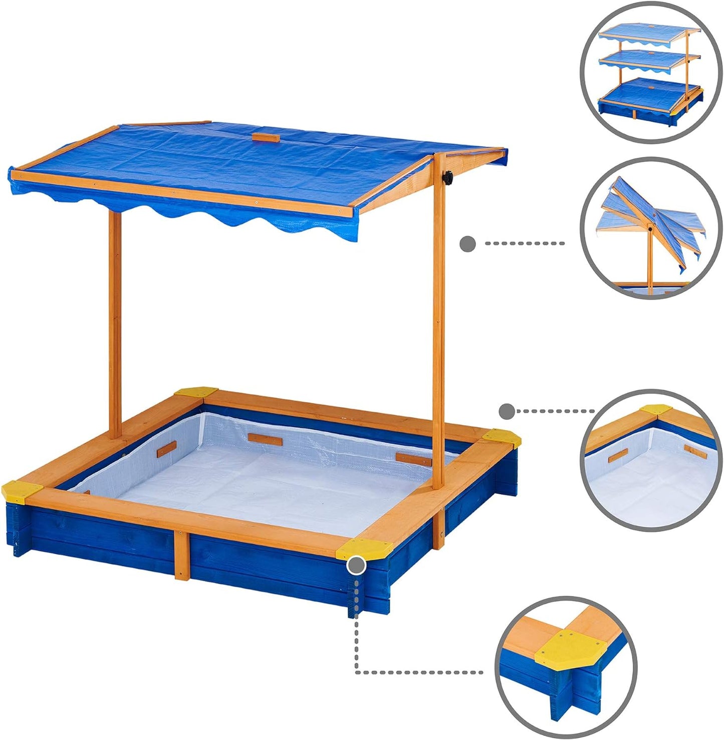 Teamson Kids Outdoor 46 In. X 46 In. Spruce Sand Box with Adjustable Canopy and 300 Lb. Sand Capacity, Blue and Wood