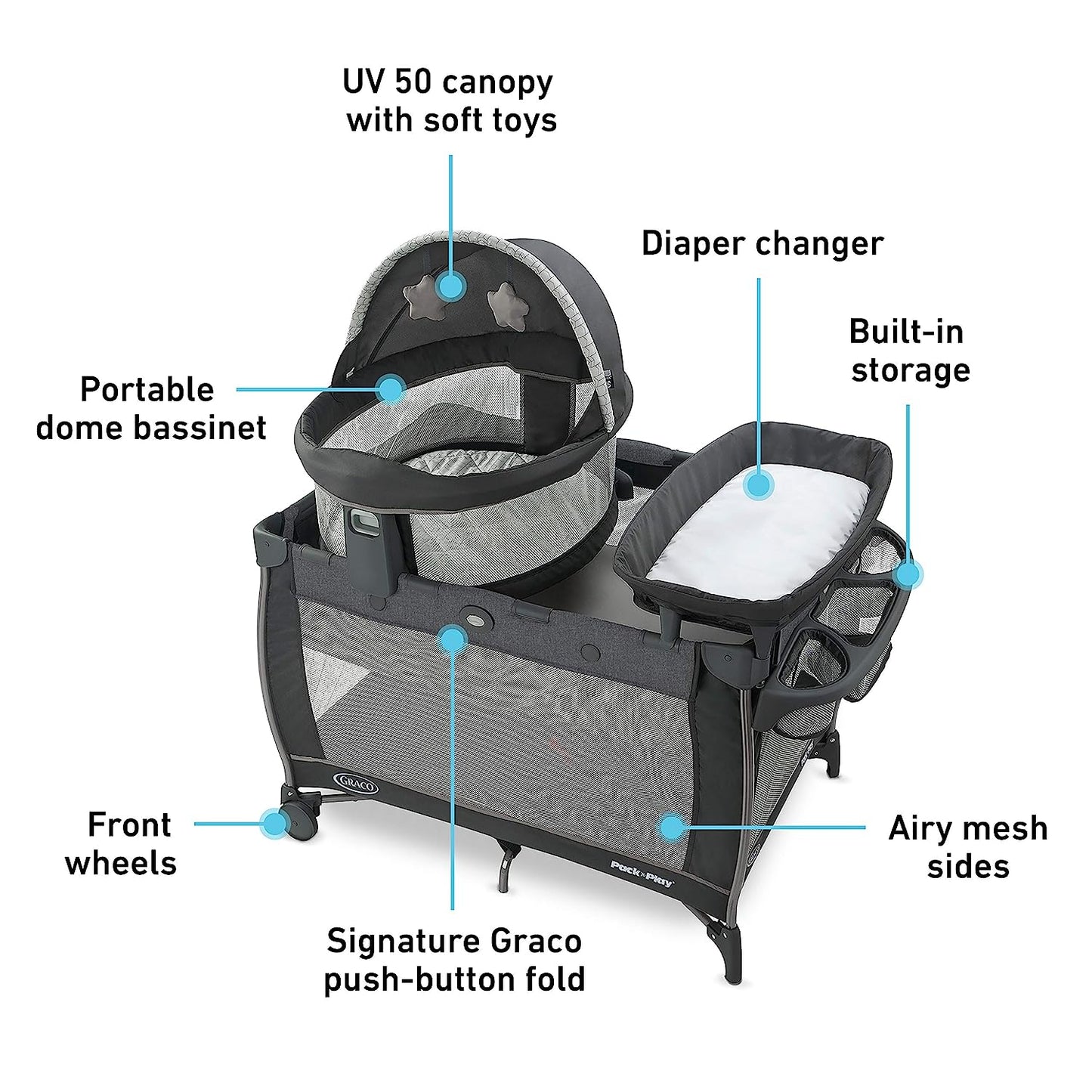 Graco Pack N Play Travel Dome DLX Playard, Astin with Portable Bassinet and Integrated Storage Organizer