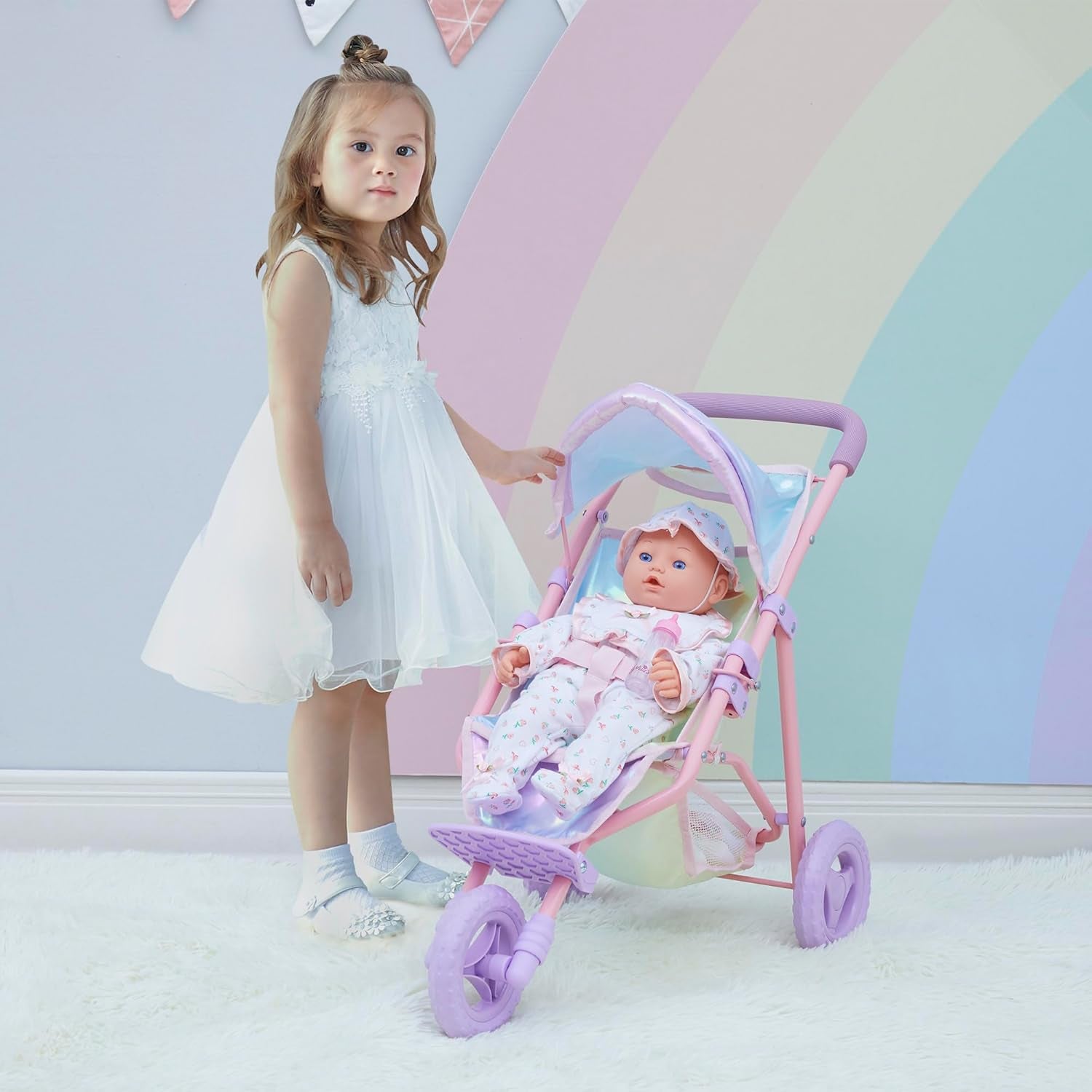 Teamson Kids - Magical Dreamland Baby Doll Jogging Stroller - My Little Girls First Dolls Pram Toy Gift, Iridescent Color