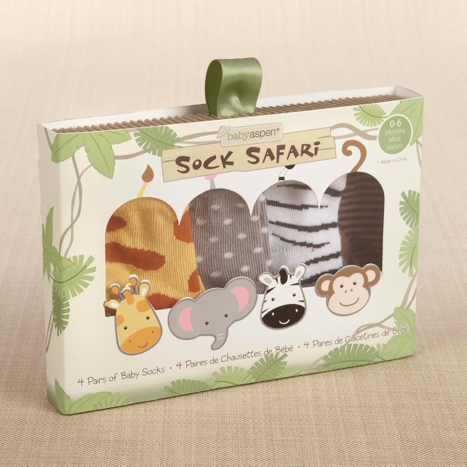 Baby Aspen, "Sock Safari" Four-Pair Animal-Themed Baby Socks Set, 0-6 Months