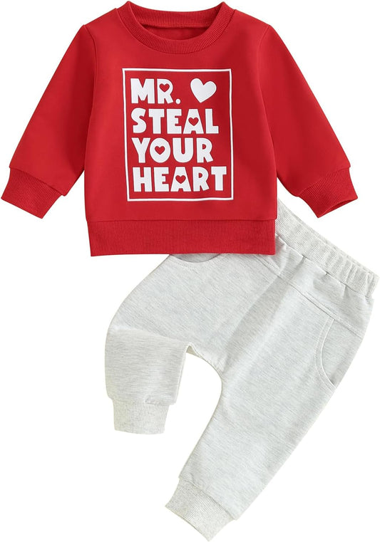 Toddler Boy Valentine'S Day Outfit Mr Steal Your Heart Letter Pint Short Sleeve T-Shirt Solid Color Pants Set