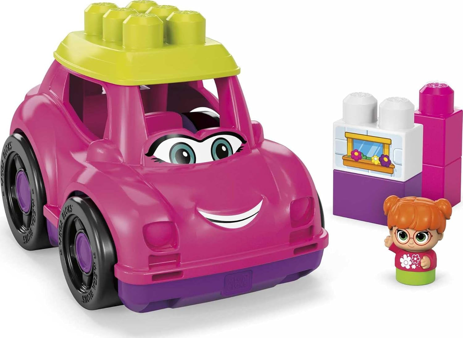 Mega BLOKS First Builders Toddler Building Blocks Toy Set, Catie Convertible with 6 Pieces and Storage, 1 Figure, Pink, Ages 1+ Years