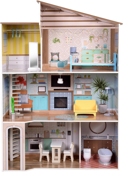 Olivia'S Little World Dreamland Sunset 2-Story Wooden Dollhouse with Modern Rooftop Deck and 14-Pc. Accessory Set for 12" Dolls, Pink