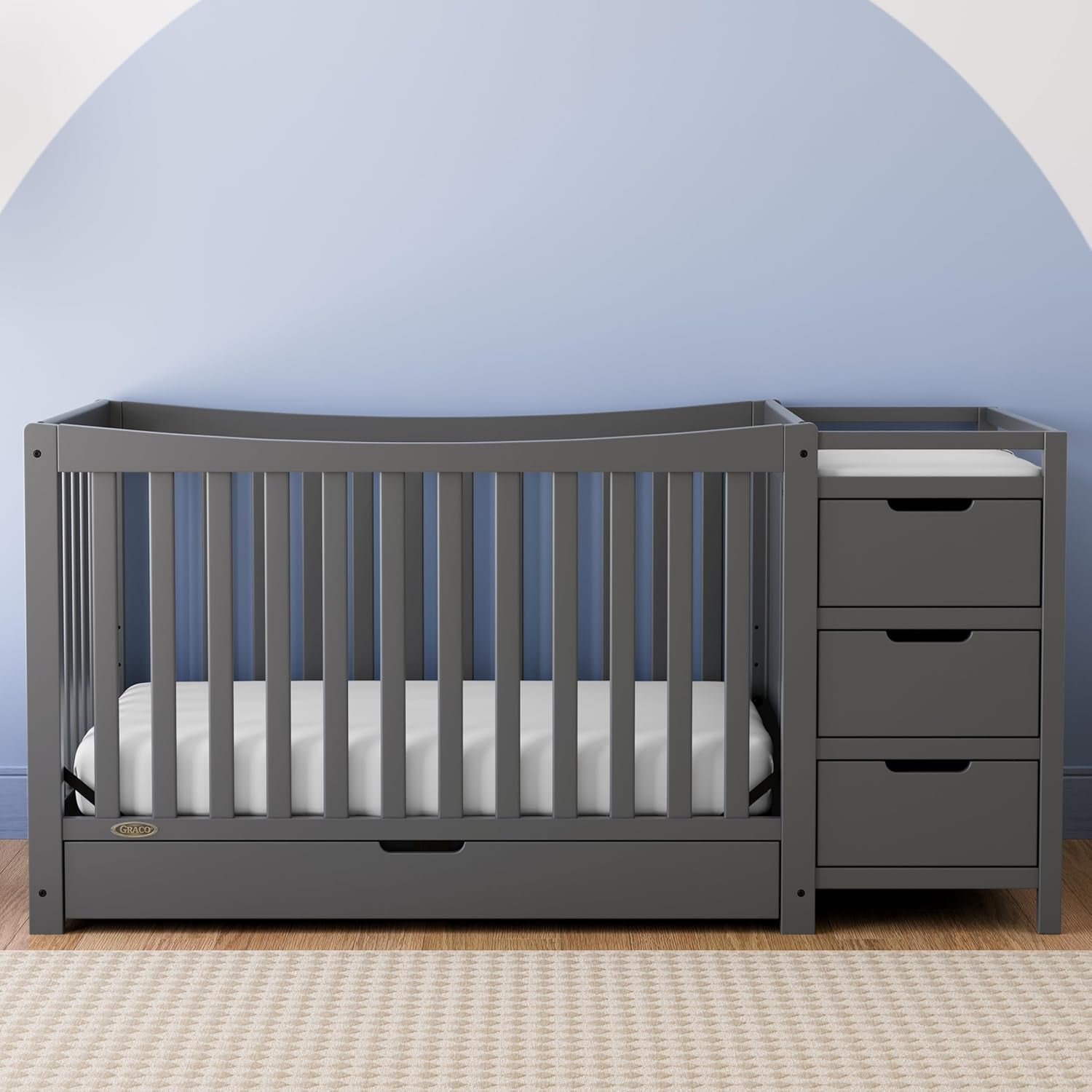 Graco Remi 4-In-1 Convertible Crib & Changer with Drawer (Gray) – GREENGUARD Gold Certified, Crib and Changing -Table Combo, Includes Changing Pad, Converts to Toddler Bed, Daybed and Full-Size Bed