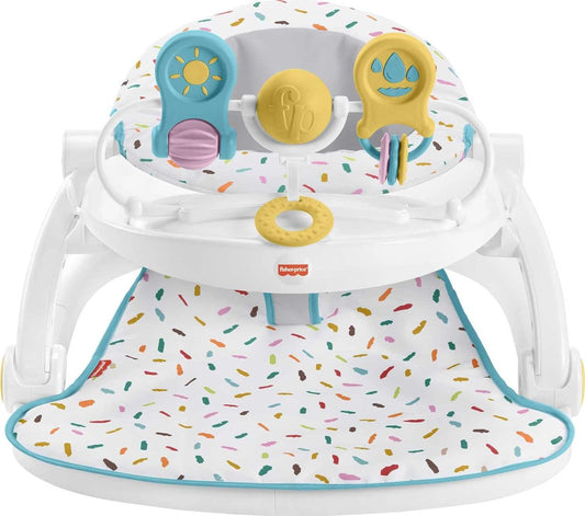 Fisher-Price Portable Baby Chair Deluxe Sit-Me-Up Floor Seat with Snack Tray and Toy Bar, Rainbow Sprinkles