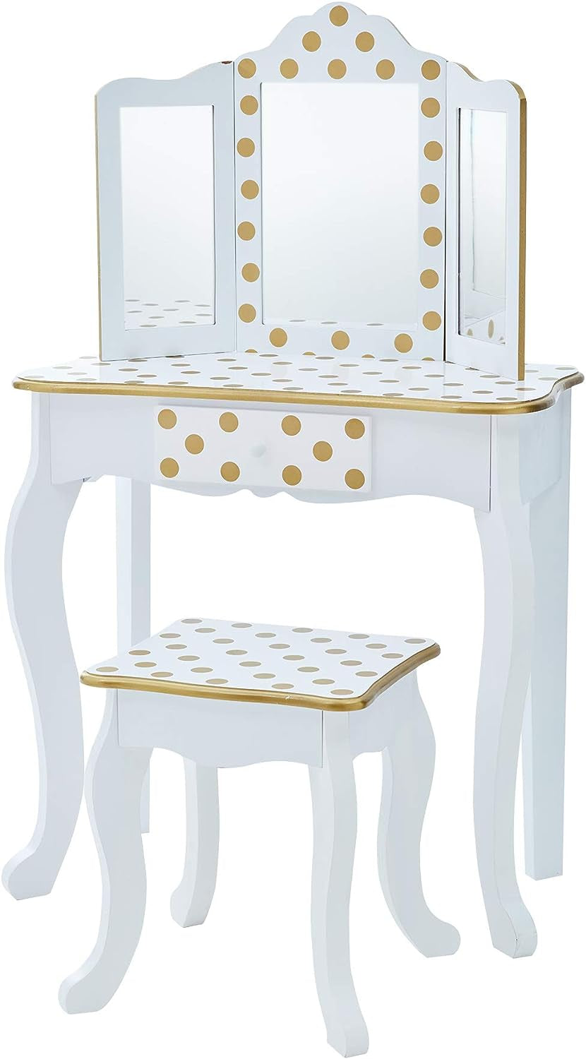 Teamson Kids Princess Gisele Polka Dot Print 2-Piece Kids Wooden Play Vanity Set with Vanity Table, Tri-Fold Mirror, Storage Drawer, and Matching Stool, White with Gold Polka Dot Accent