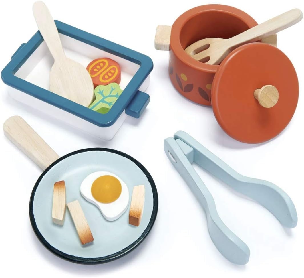 Tender Leaf Toys - Pots and Pans - 13 Pcs Wooden Pretend Cooking Playset, Play Kitchen Cookware Accessories Set for Kids - Age 3+