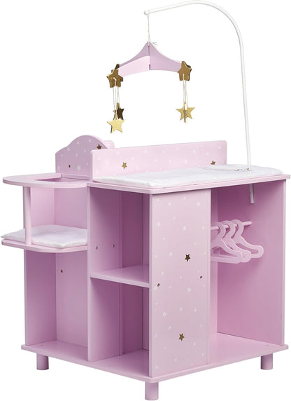 Olivia'S Little World Baby Doll Changing Station with Built-In Baby Doll High Chair, Closet, Shelves, Sink, Overhead Mobile, & Baby Doll Clothing Hangers for up to 18 Inch Dolls, Purple Stars