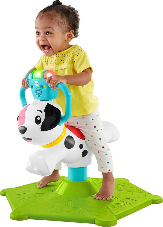 Fisher-Price Toddler Learning Toy, Bounce and Spin Puppy Stationary Ride-On Bouncer with Music & Lights for Infants Ages 1+ Years