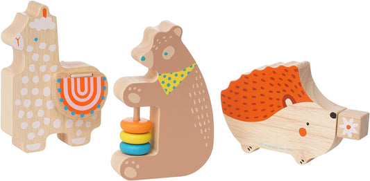 Manhattan Toy Musical Forest Trio 3 Piece Wooden Toy Set for Toddlers with Bear Rattle, Llama Clacker & Hedgehog Guiro