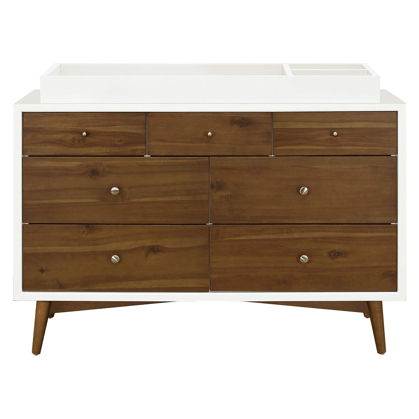 Babyletto Palma 7-Drawer Assembled Double Dresser in White and Natural Walnut, Greenguard Gold Certified, 19"D X 53"W X 34.25"H