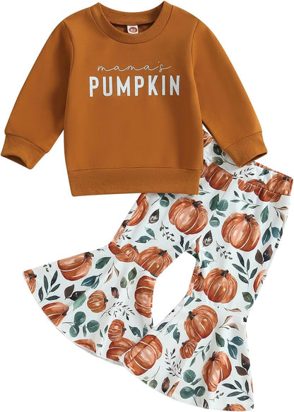 Baby Girl Halloween Outfit Pumpkin Pie Crewneck Sweatshirt Shirt Top Bell-Bottom Pants Sets Cute Toddler Clothes