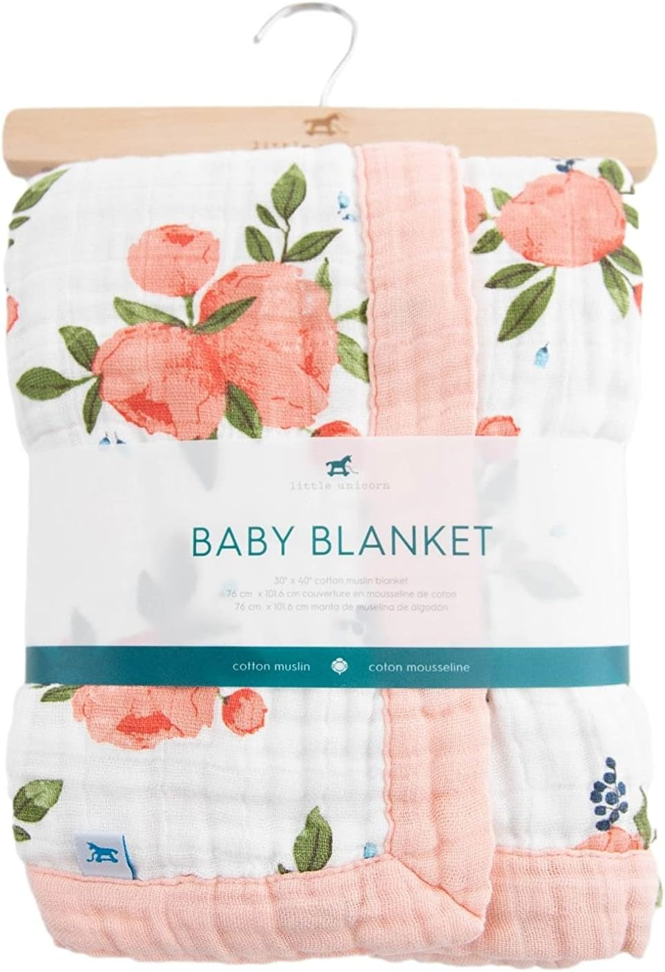 Little Unicorn Watercolor Roses Cotton Muslin Quilt Receiving Blanket | 100% Cotton | Super Soft | Babies and Toddlers | 30” X 40” | Machine Washable