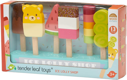 Tender Leaf Toys - Ice Lolly Shop - 13 Pieces Pretend Food Play Toy with 6 Wooden Popsicles Ice Cream Bars - Encourage Role Play and Develops Social Skills for Children - Age 3+