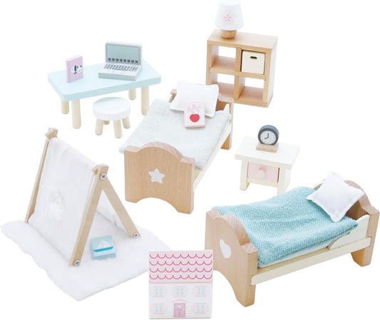 Le Toy Van - Sugarplum Wooden Bedroom Set | Dolls House Accessories Play Set for Dolls Houses | Girls and Boys Doll House Furniture Sets - Suitable for Ages 3+, Daisylane Child Bedroom (ME061)