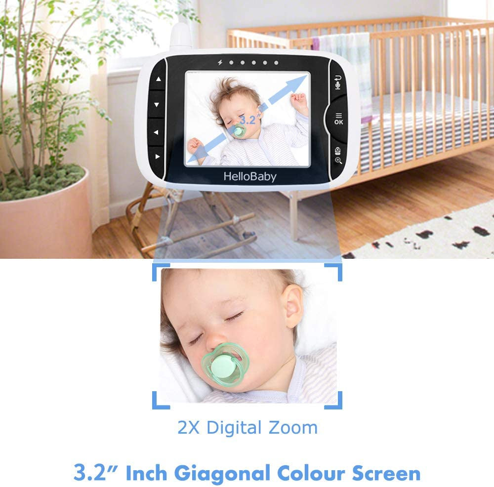 Hellobaby Video Baby Monitor with 2 Cameras and Audio. Baby Monitor with Remote Pan/Tilt/Zoom, VOX Mode, Night Vision, 2-Way Talk, 8 Lullabies