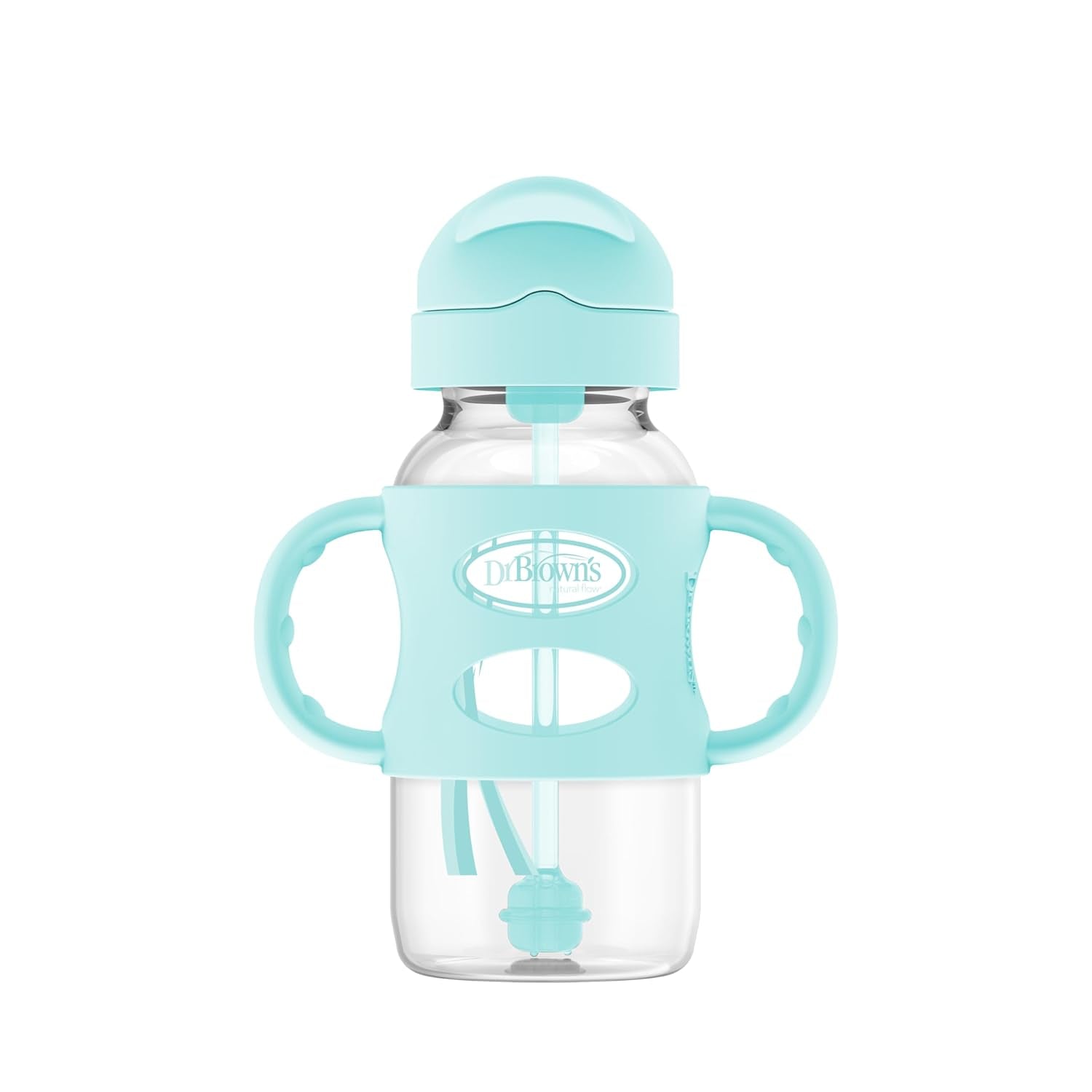 Dr. Brown'S Milestones Wide-Neck Sippy Straw Bottle with 100% Silicone Handles and Weighted Straw, 9 Oz/270 Ml, Blue, 6M+